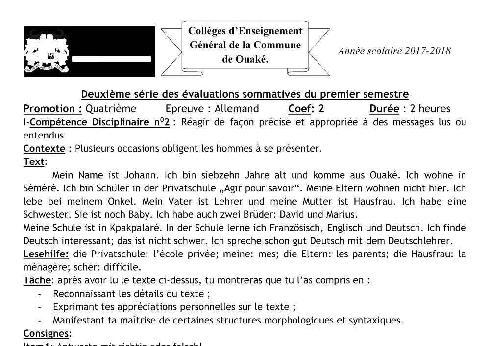 Aperçu de la première page — 4e Allemand 2ème Devoir 1er Semestre CEG Ouake 2017 2018