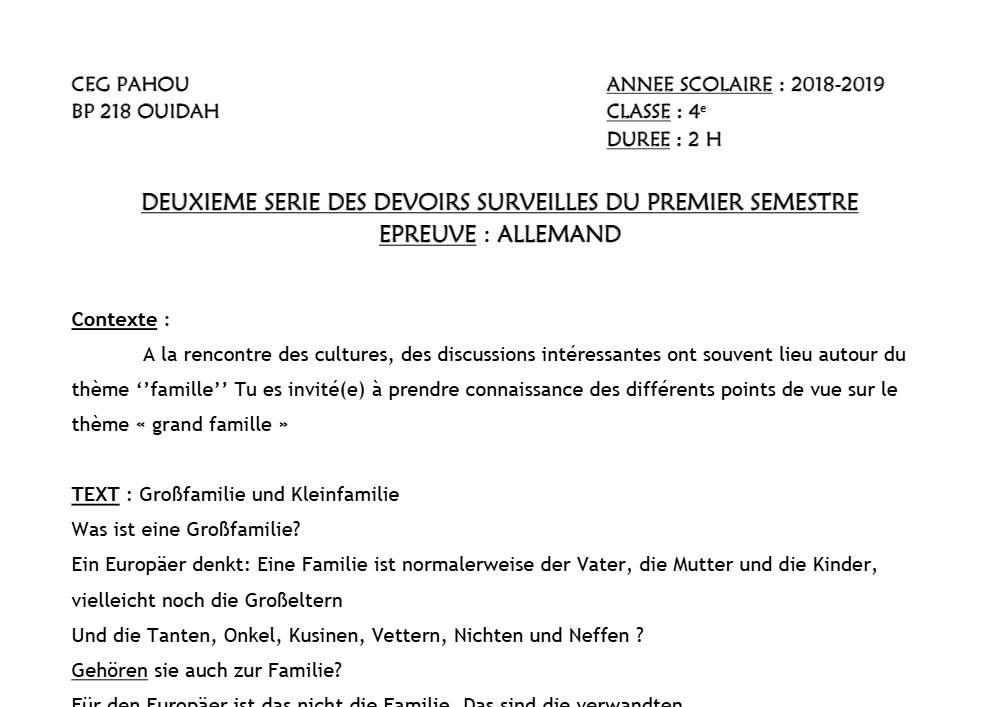 Aperçu de la première page — 4e Allemand 2ème Devoir 1er Semestre CEG Pahou 2018 2019