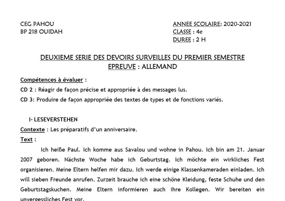 Aperçu de la première page — 4e Allemand 2ème Devoir 1er Semestre CEG Pahou 2020 2021