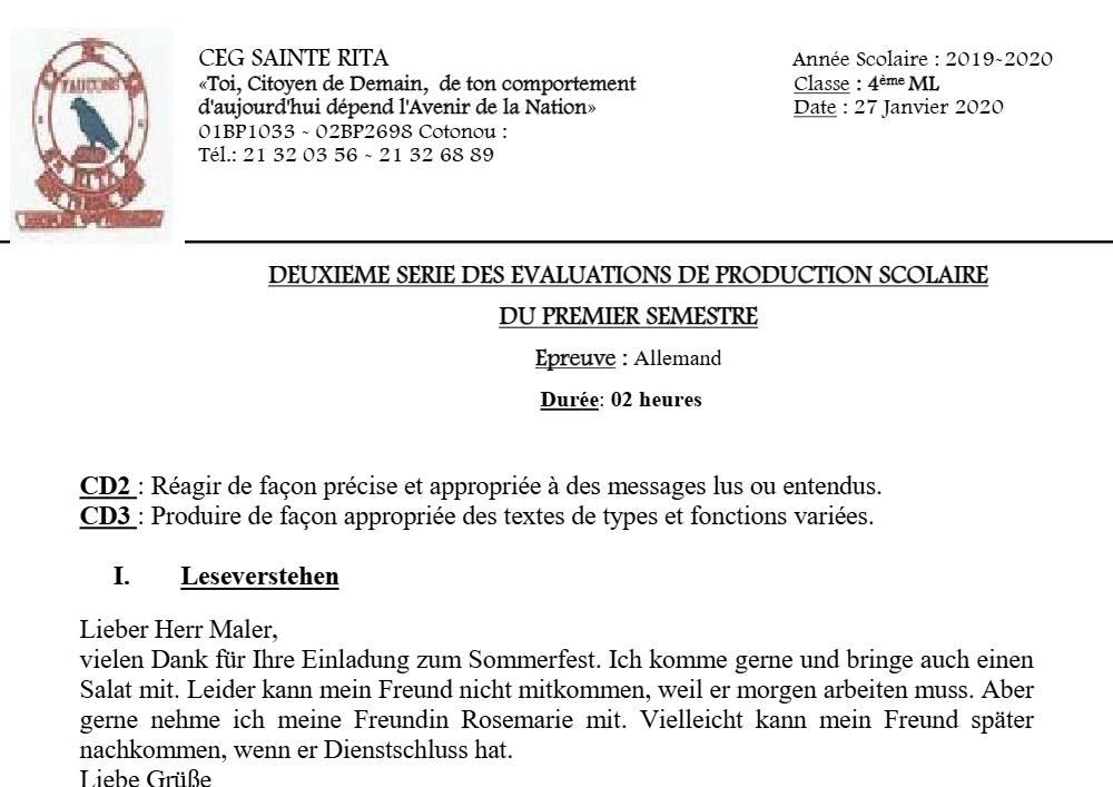 Aperçu de la première page — 4e Allemand 2ème Devoir 1er Semestre CEG Sainte Rita 2019 2020
