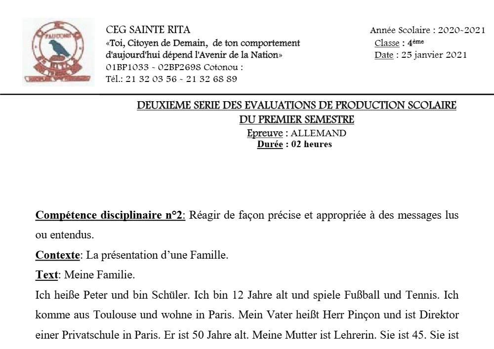 Aperçu de la première page — 4e Allemand 2ème Devoir 1er Semestre CEG Sainte Rita 2020 2021