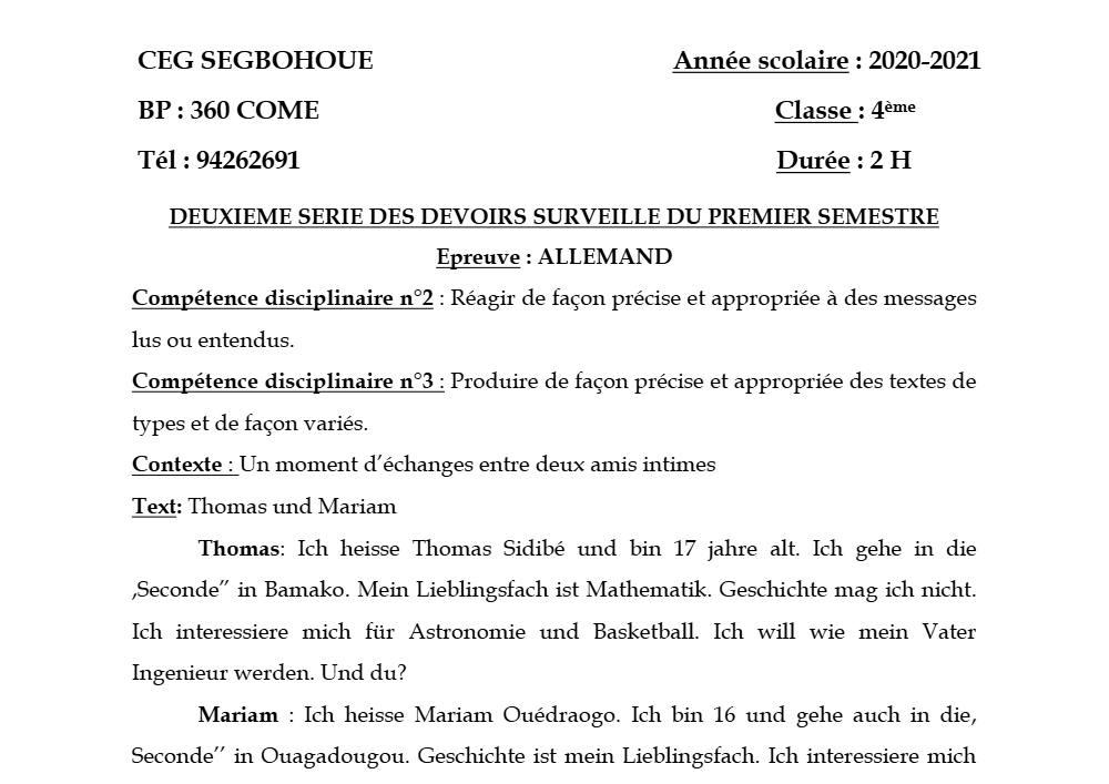 Aperçu de la première page — 4e Allemand 2ème Devoir 1er Semestre CEG Segbohoue 2020 2021