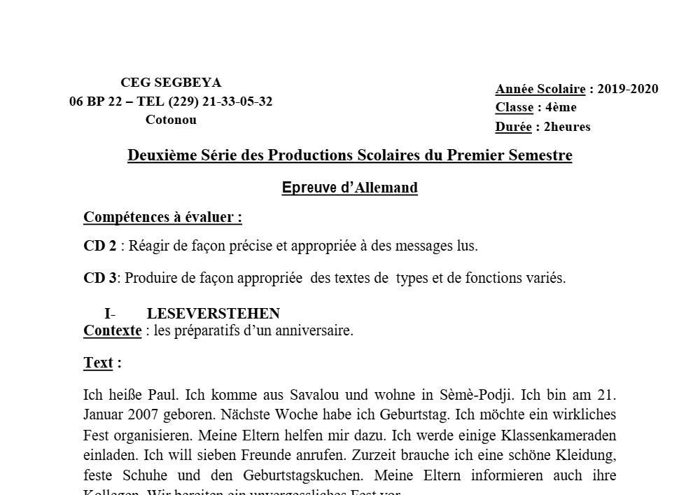 Aperçu de la première page — 4e Allemand 2ème Devoir 1er Semestre CEG Ségbéya 2019 2020