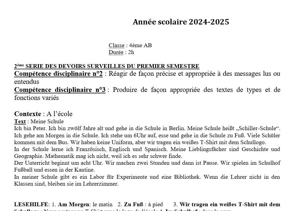 Aperçu de la première page — 4e Allemand 2ème Devoir 1er Semestre Collège D'Enseignement Général 2024 2025