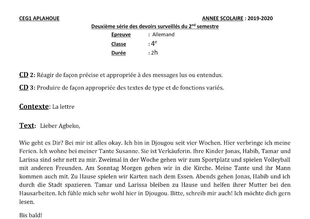 Aperçu de la première page — 4e Allemand 2ème Devoir 2ème Semestre CEG1 Aplahoué 2019 2020
