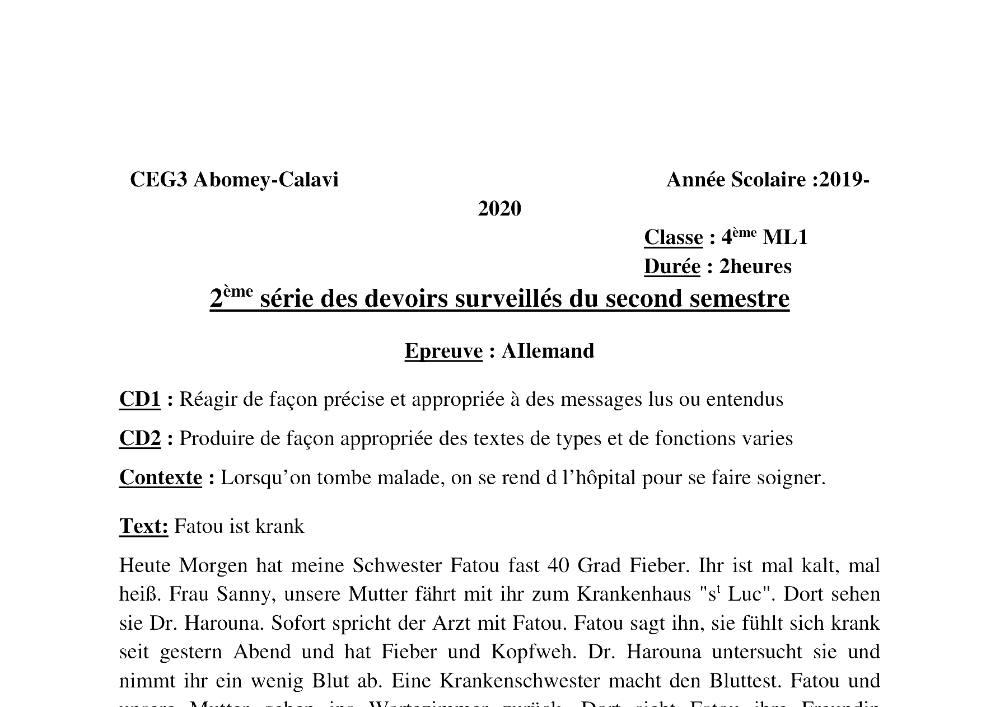 Aperçu de la première page — 4e Allemand 2ème Devoir 2ème Semestre CEG3 Abomey Calavi 2019 2020