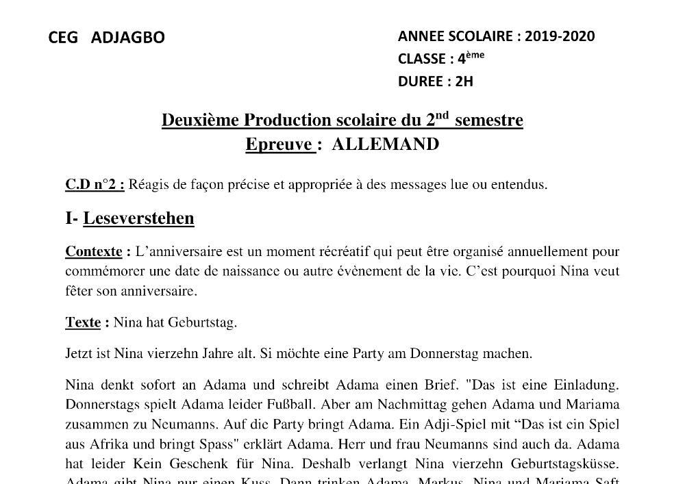 Aperçu de la première page — 4e Allemand 2ème Devoir 2ème Semestre CEG Adjagbo 2019 2020