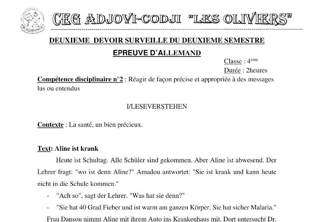 Aperçu de la première page — 4e Allemand 2ème Devoir 2ème Semestre CEG Adjovi Codji 2019 2020