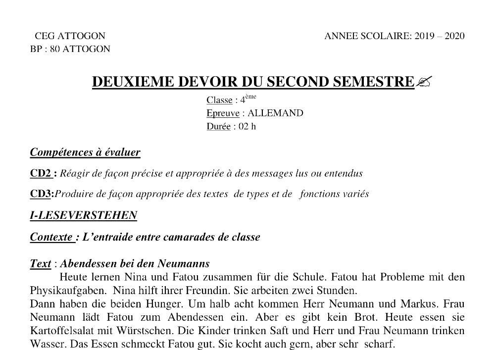 Aperçu de la première page — 4e Allemand 2ème Devoir 2ème Semestre CEG Attogon 2019 2020