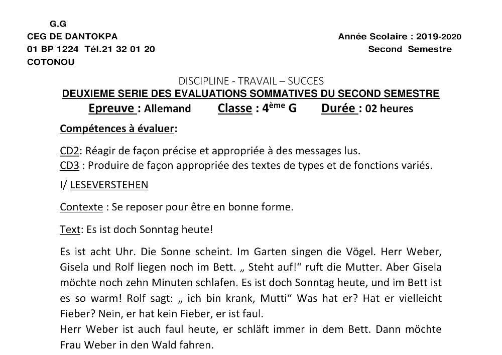 Aperçu de la première page — 4e Allemand 2ème Devoir 2ème Semestre CEG Dantokpa 2019 2020 (2)