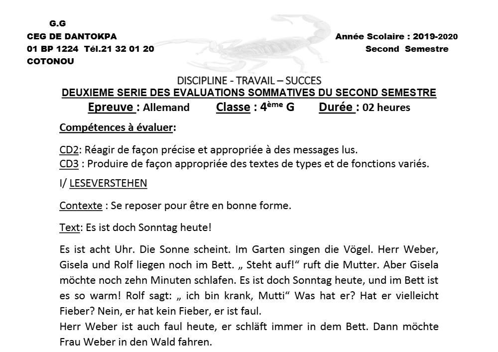 Aperçu de la première page — 4e Allemand 2ème Devoir 2ème Semestre CEG Dantokpa 2019 2020