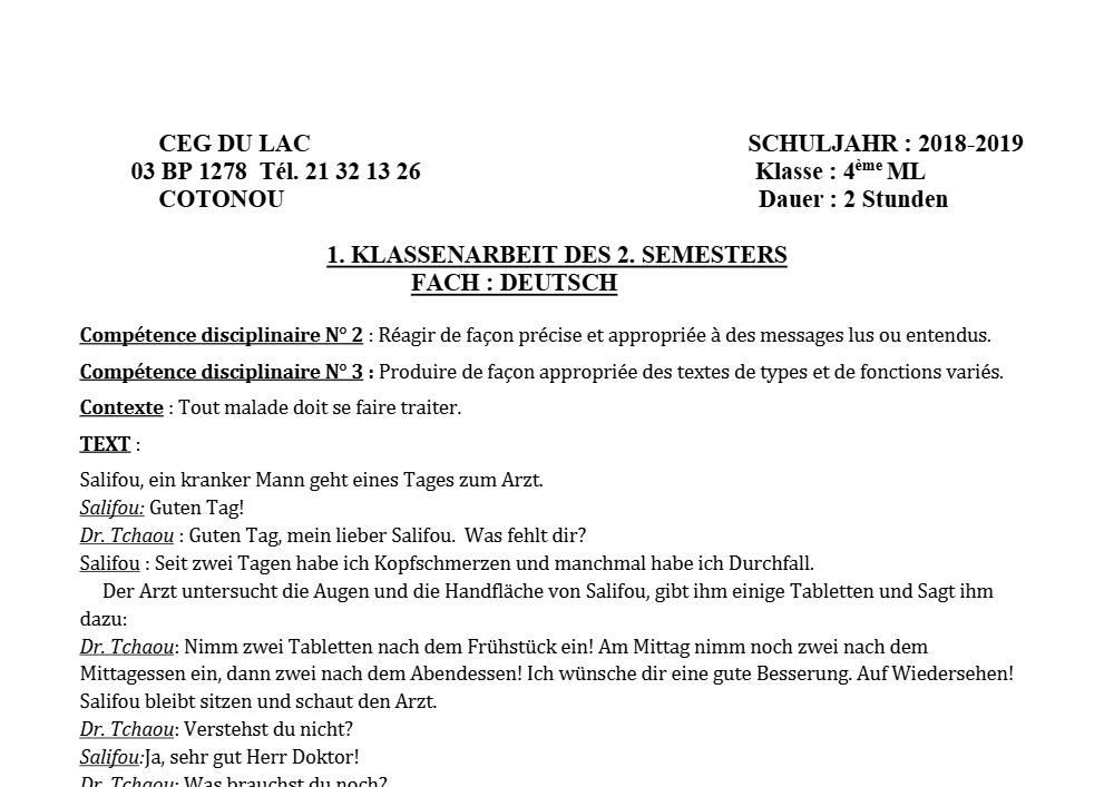 Aperçu de la première page — 4e Allemand 2ème Devoir 2ème Semestre CEG du Lac 2018 2019