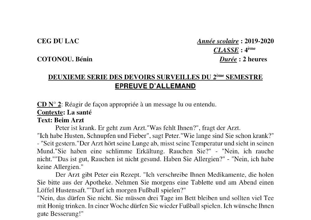 Aperçu de la première page — 4e Allemand 2ème Devoir 2ème Semestre CEG du Lac 2019 2020