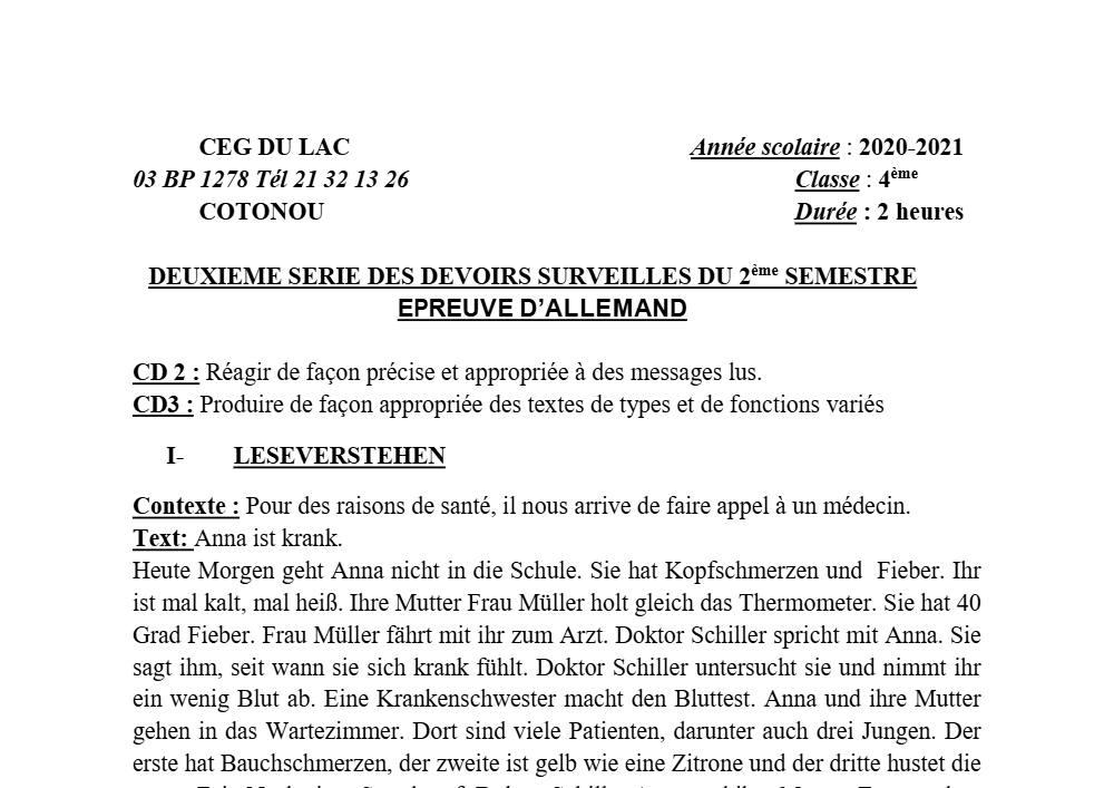 Aperçu de la première page — 4e Allemand 2ème Devoir 2ème Semestre CEG du Lac 2020 2021
