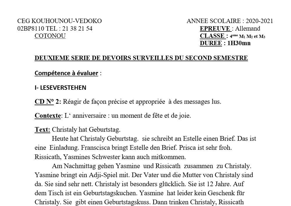 Aperçu de la première page — 4e Allemand 2ème Devoir 2ème Semestre CEG K Vedoko 2020 2021