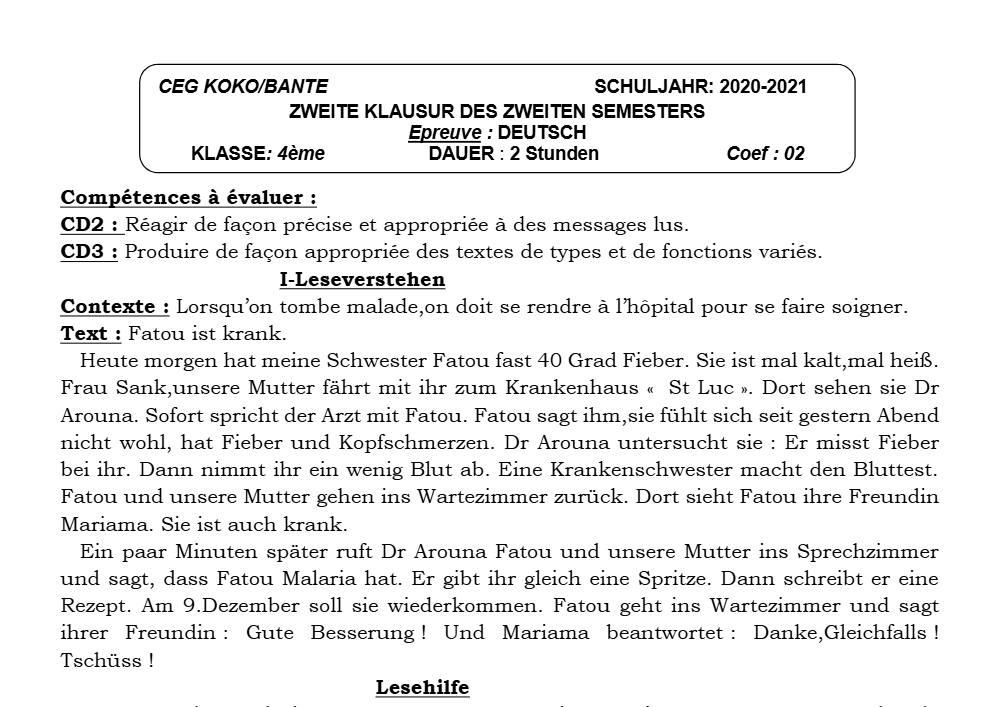 Aperçu de la première page — 4e Allemand 2ème Devoir 2ème Semestre CEG Koko 2020 2021