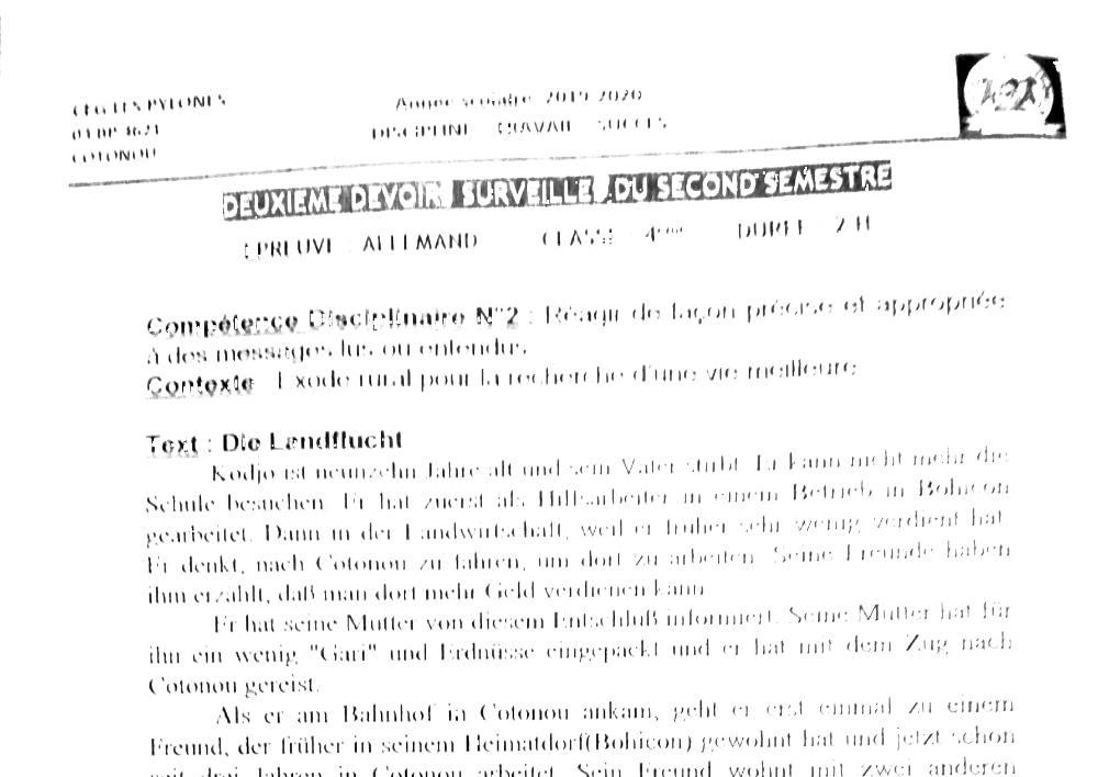 Aperçu de la première page — 4e Allemand 2ème Devoir 2ème Semestre CEG Les Pylônes 2019 2020