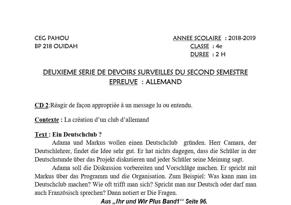 Aperçu de la première page — 4e Allemand 2ème Devoir 2ème Semestre CEG Pahou 2018 2019