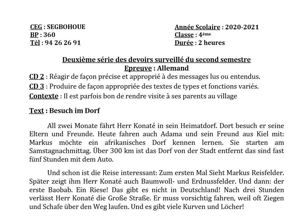 Aperçu de la première page — 4e Allemand 2ème Devoir 2ème Semestre CEG Segbohoue 2020 2021