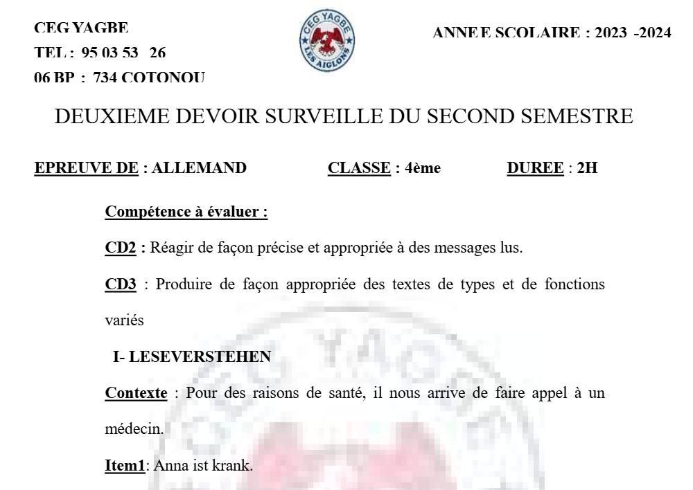 Aperçu de la première page — 4e Allemand 2ème Devoir 2ème Semestre D'allemand CEG Yagbe 2023 2024