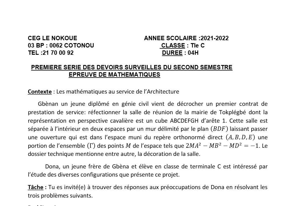 Aperçu de la première page — Mathématiques Tle C Devoir 1 Semestre 2 CEG Le Nokoué 2021 2022