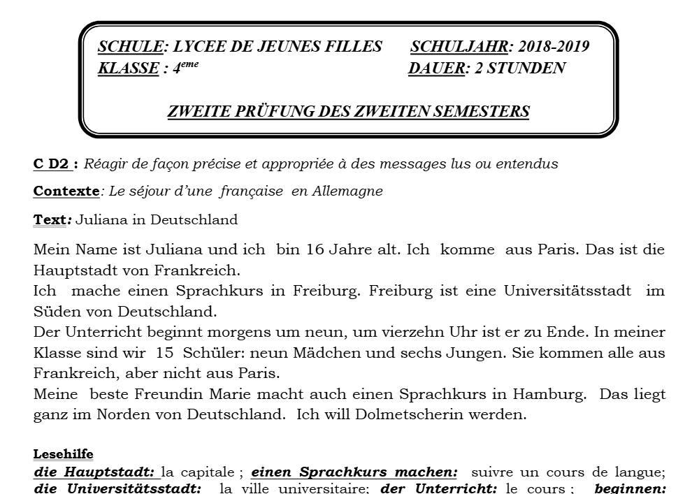 Aperçu de la première page — 4e Allemand 2ème Devoir 2ème Semestre Lycée des Jeunes Filles 2018 2019