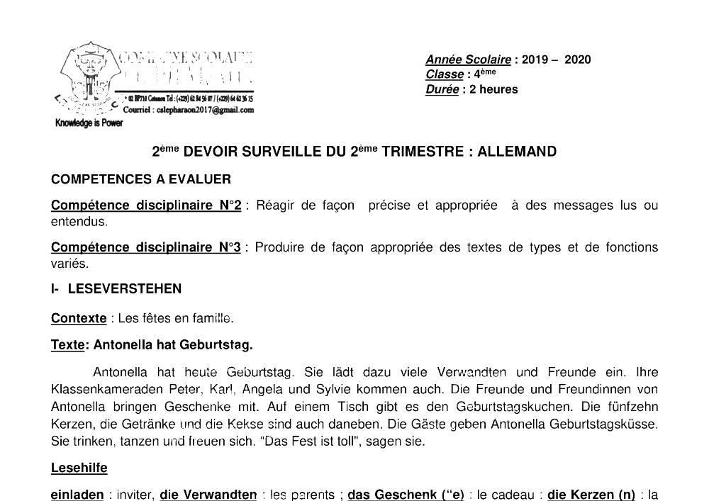 Aperçu de la première page — 4e Allemand 2ème Devoir 2ème Trimestre CS Le Pharaon 2019 2020