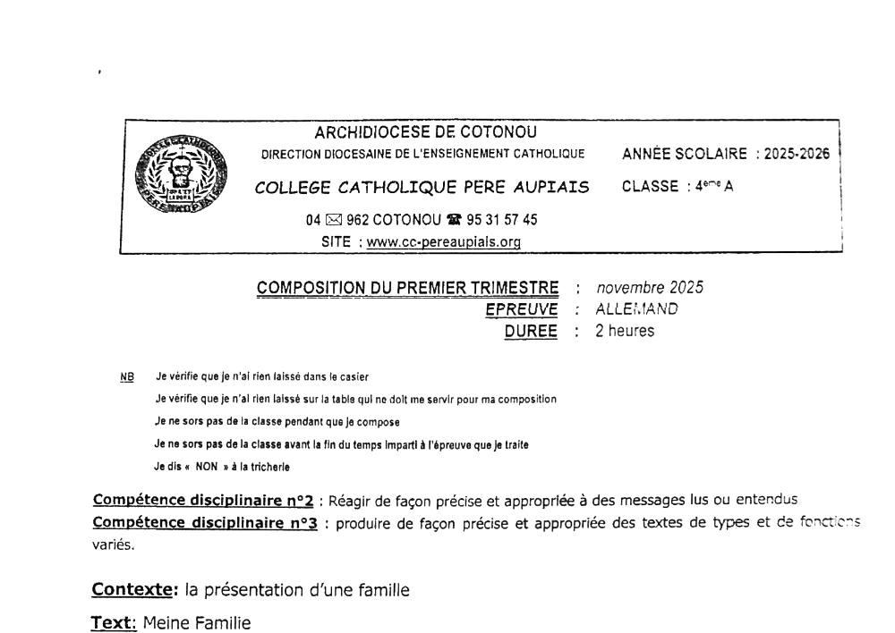 Aperçu de la première page — 4e Allemand Composition 1er Trimestre Collège Catholique Père Aupiais 2025 2026