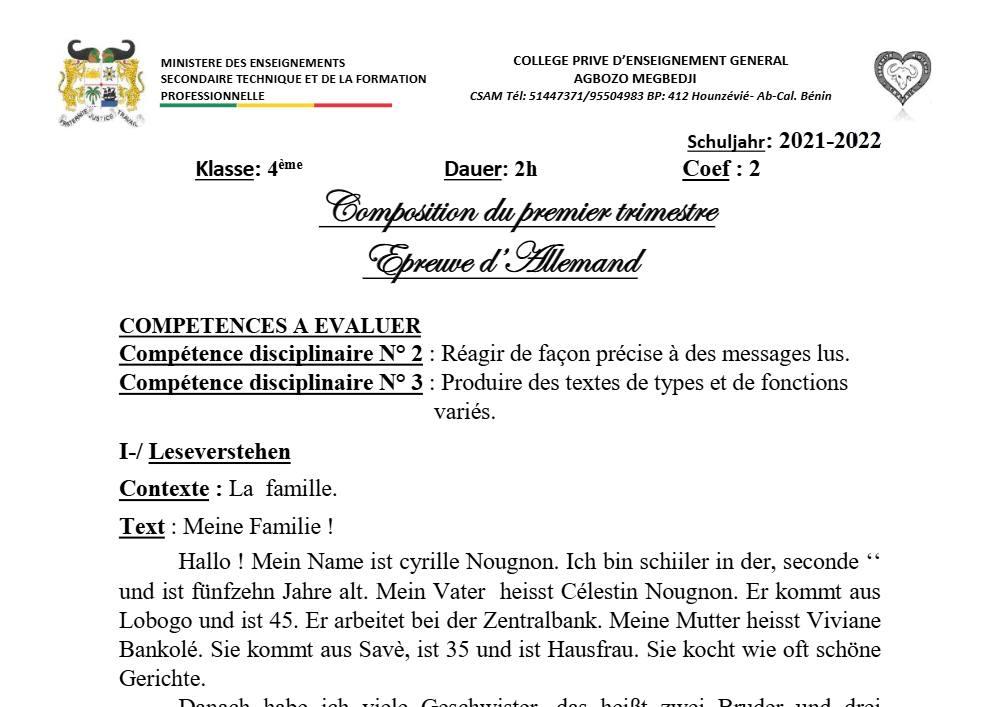 Aperçu de la première page — Allemand 4e — 2e devoir 1er trimestre 2021
