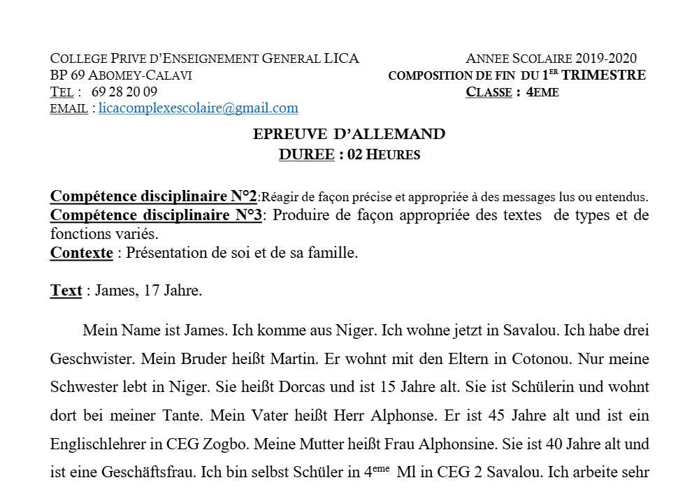 Aperçu de la première page — 4e Allemand Composition 1er Trimestre CPEG Lica 2019 2020
