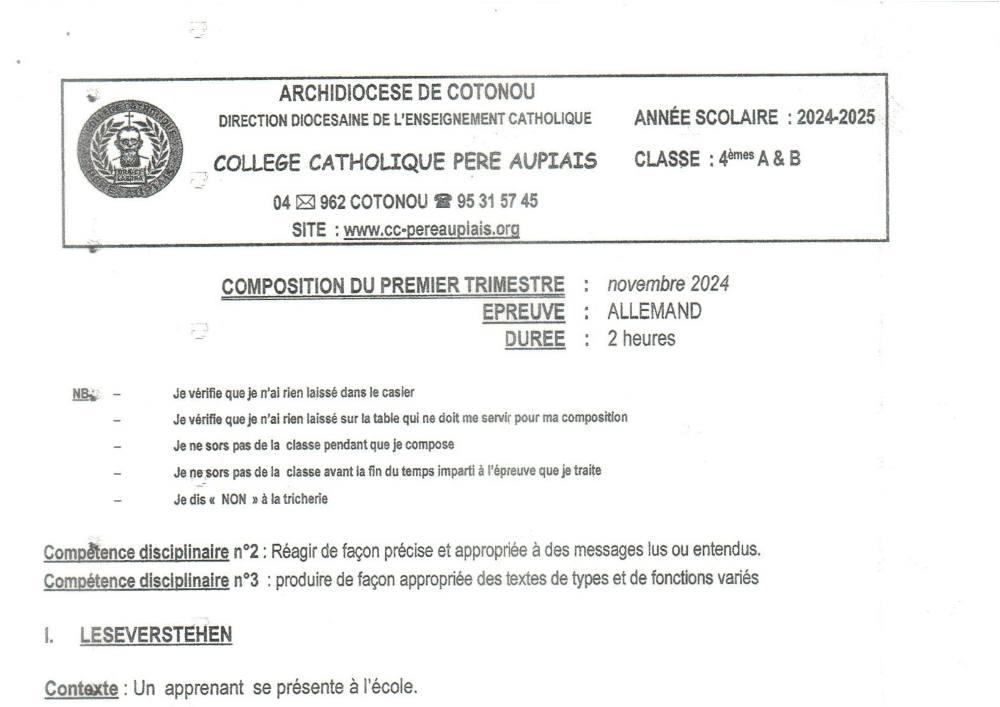 Aperçu de la première page — 4e Allemand Composition 1er Trimestre de Collège Catholique Père Aupiais Novembre 2024