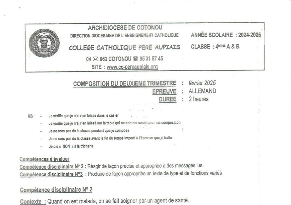 Aperçu de la première page — 4e Allemand Composition 2ème Trimestre Collège Catholique Père Aupiais Février 2025