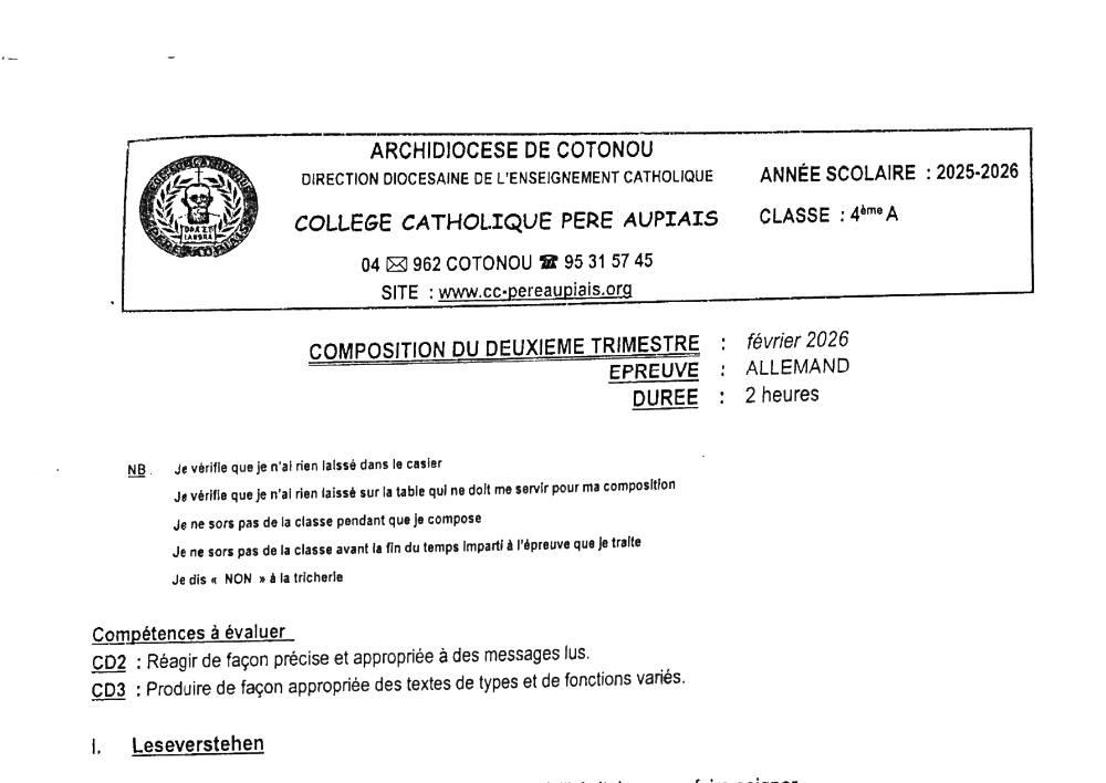 Aperçu de la première page — 4e Allemand Composition 2ème Trimestre Collège Catholique Père Aupiais Février 2026