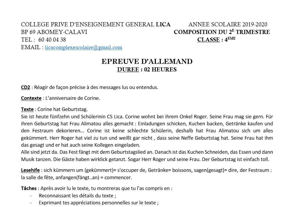 Aperçu de la première page — 4e Allemand Composition 2ème Trimestre CPEG Lica 2019 2020
