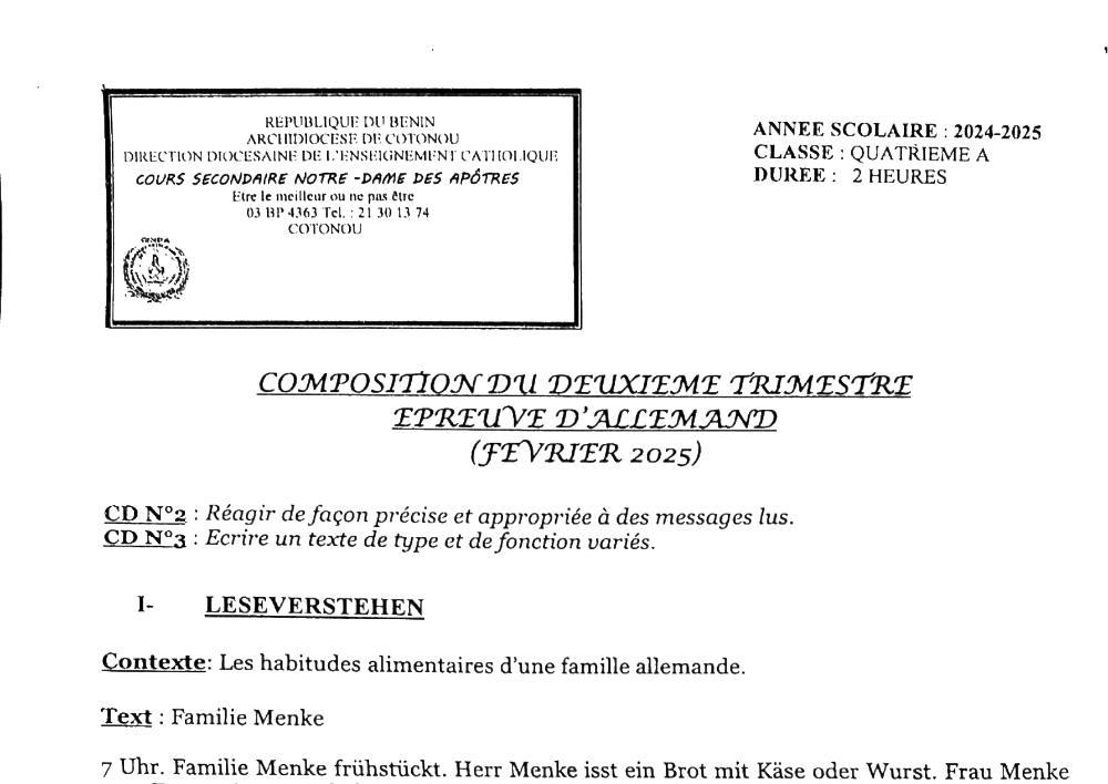 Aperçu de la première page — 4e Allemand Composition 2ème Trimestre de , CS Notre‑Dame des Apôtres Février 2025