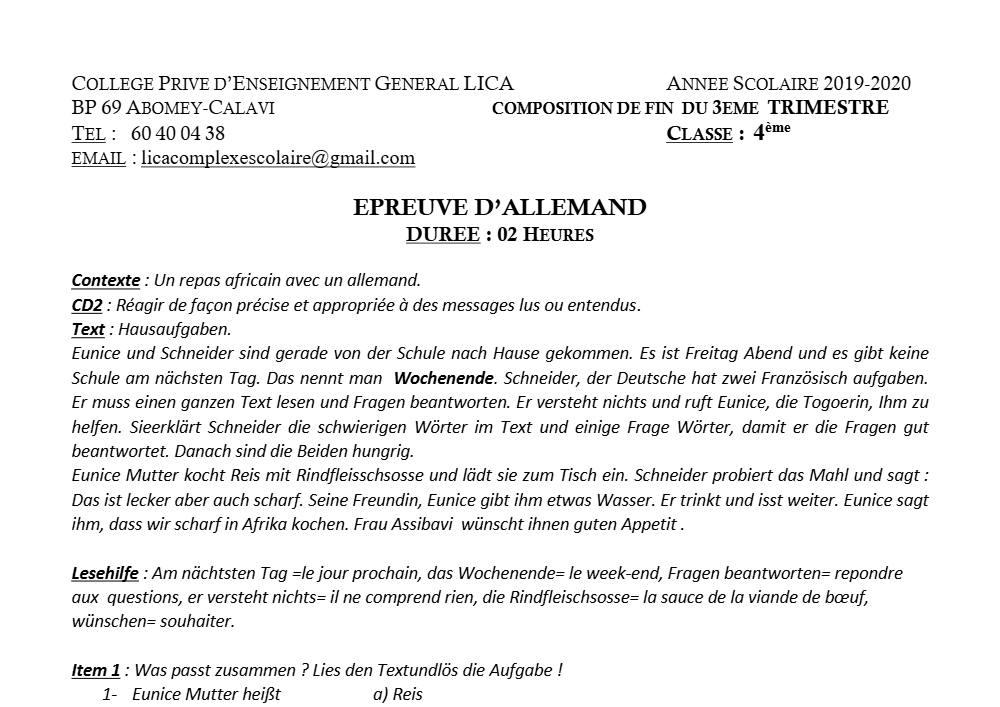 Aperçu de la première page — 4e Allemand Composition 3ème Trimestre CPEG Lica 2019 2020