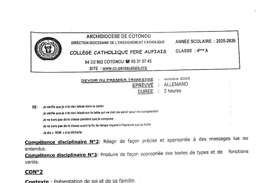 Aperçu de la première page — 4e Allemand Devoir 1er Trimestre 4è Collège Catholique Père Aupiais Octobre 2025