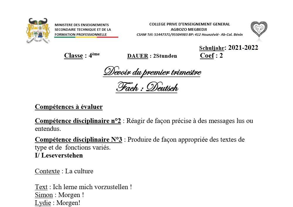 Aperçu de la première page — 4e Allemand Devoir 1er Trimestre CPEG Agbozo Megbedji 2021 2022