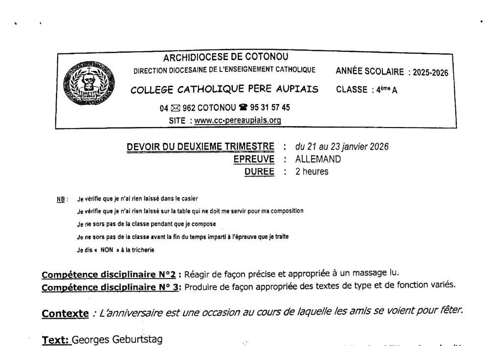 Aperçu de la première page — 4e Allemand Devoir 2ème Trimestre Collège Catholique Père Aupiais Janvier 2026