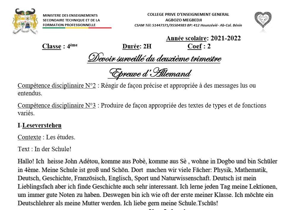 Aperçu de la première page — 4e Allemand Devoir 2ème Trimestre CPEG Agbozo Megbedji 2021 2022