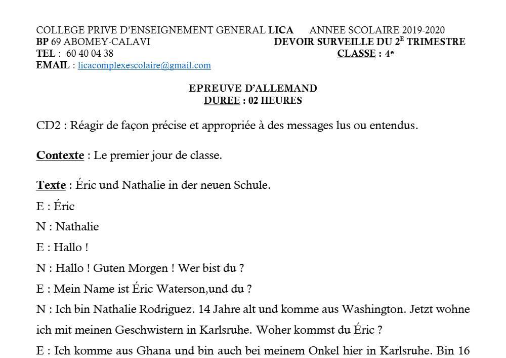 Aperçu de la première page — 4e Allemand Devoir 2ème Trimestre CPEG Lica 2019 2020