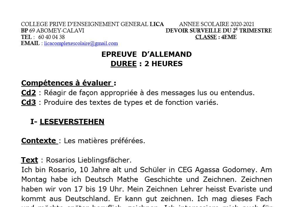 Aperçu de la première page — 4e Allemand Devoir 2ème Trimestre CPEG Lica 2020 2021