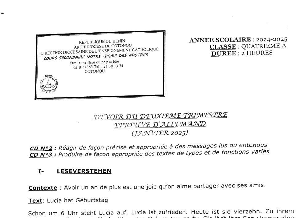 Aperçu de la première page — 4e Allemand Devoir 2ème Trimestre de , CS Notre‑Dame des Apôtres Janvier 2025