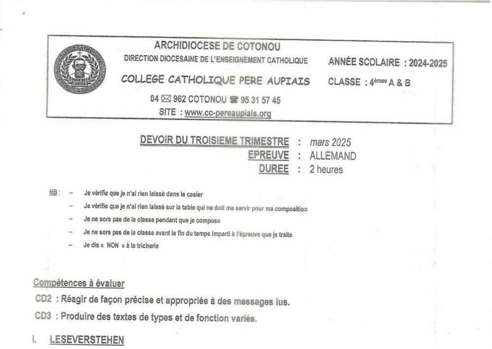 Aperçu de la première page — 4e Allemand Devoir 3ème Trimestre Collège Père Aupiais Mars 2025