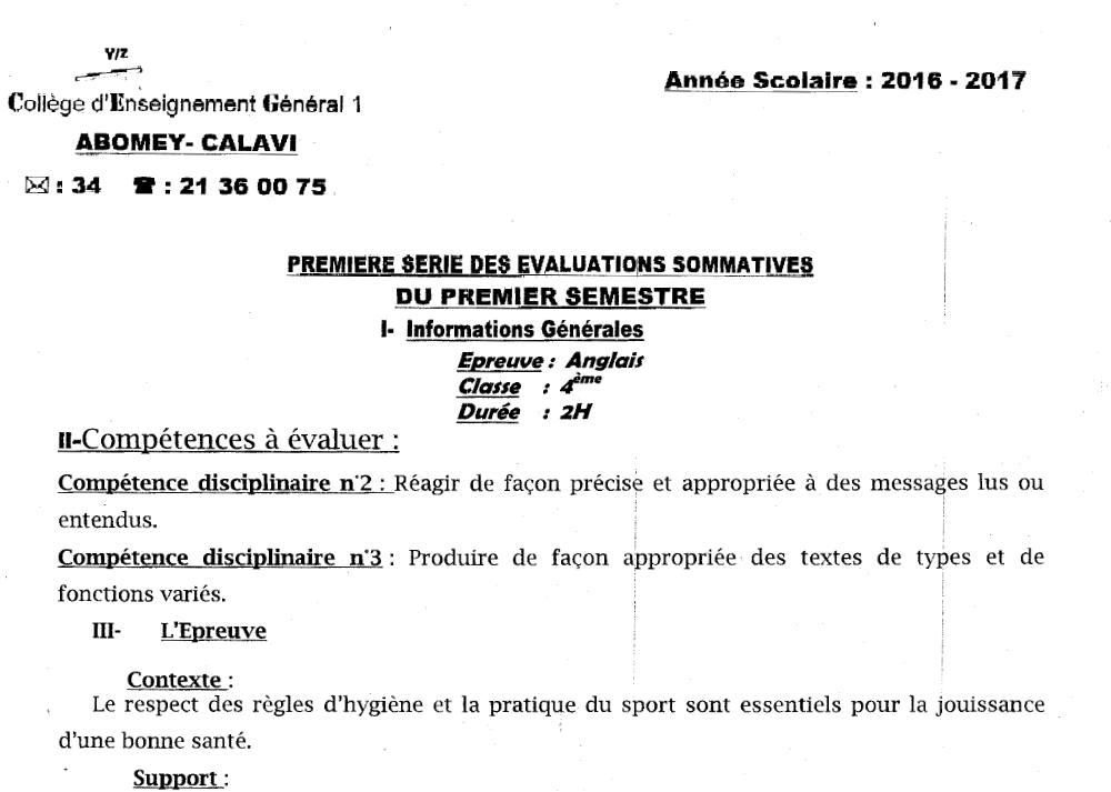 Aperçu de la première page — 4e Anglais 1er Devoir 1er Semestre CEG1 Abomey Calavi 2016 2017