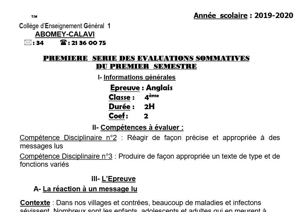Aperçu de la première page — 4e Anglais 1er Devoir 1er Semestre CEG1 Abomey Calavi 2019 2020