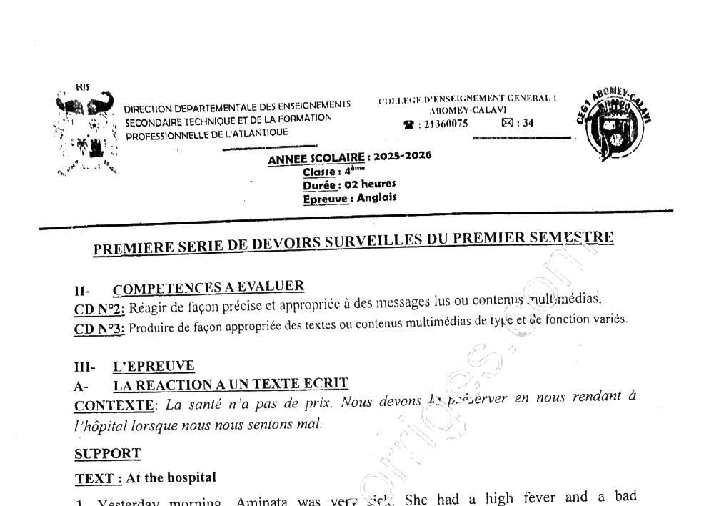 Aperçu de la première page — 4e Anglais 1er Devoir 1er Semestre CEG 1 Abomey Calavi 2025