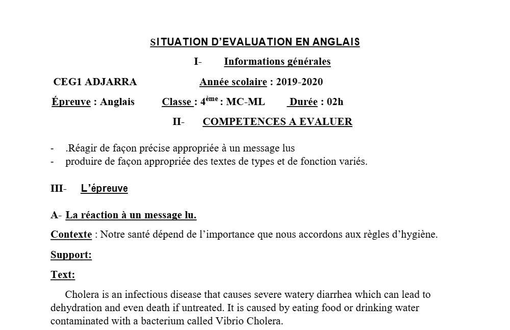 Aperçu de la première page — 4e Anglais 1er Devoir 1er Semestre CEG1 Adjarra 2019 2020