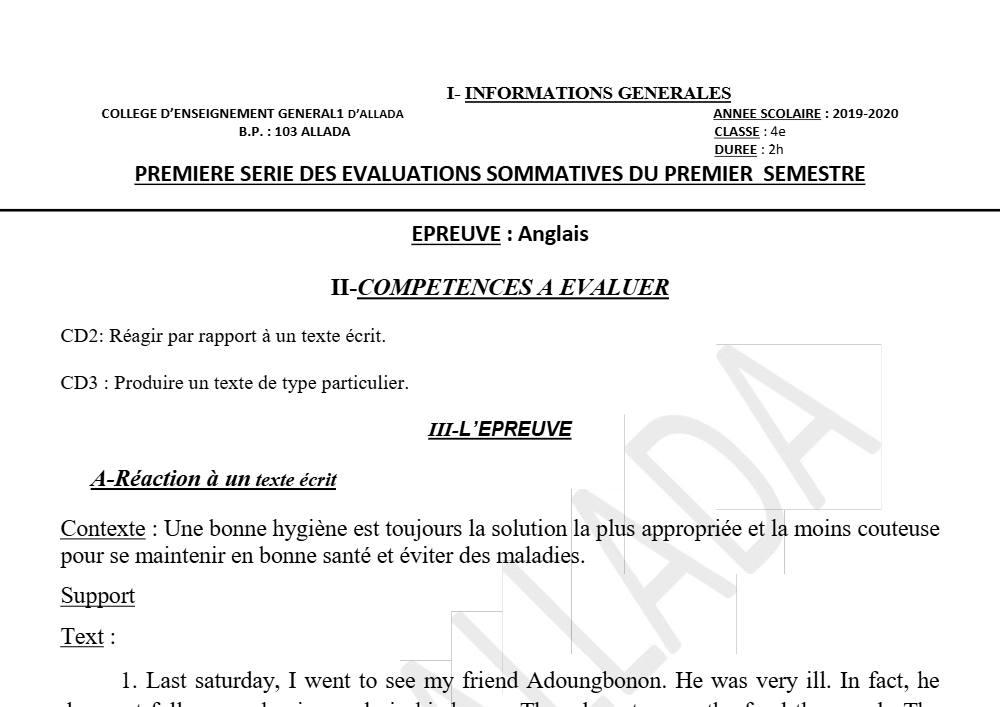 Aperçu de la première page — 4e Anglais 1er Devoir 1er Semestre CEG1 Allada 2019 2020 (2)