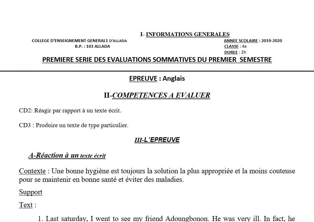 Aperçu de la première page — 4e Anglais 1er Devoir 1er Semestre CEG1 Allada 2019 2020
